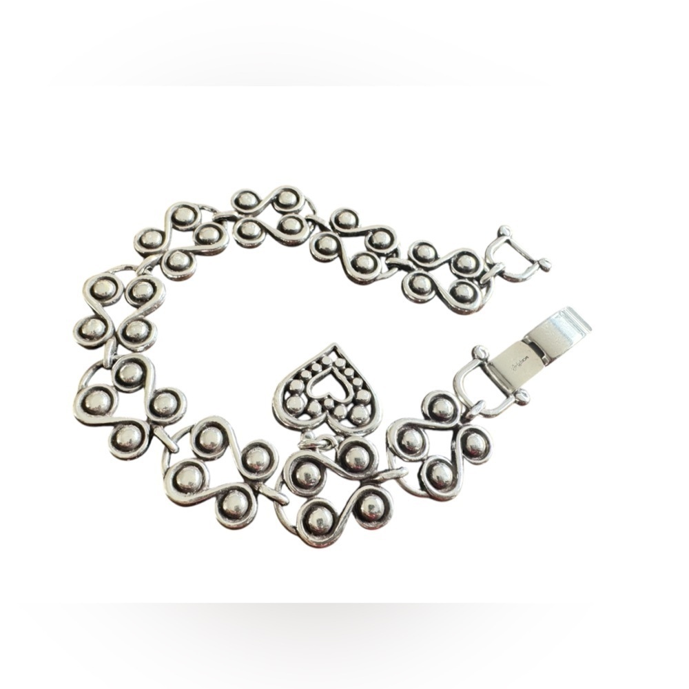 Brighton Taos Heart Charm Bracelet Lacy Filigree Silver Plated Vintage Retired
